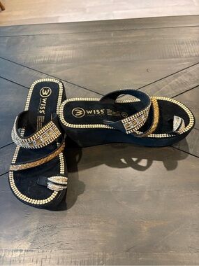 Black and Gold Embellished Wedge Sandals